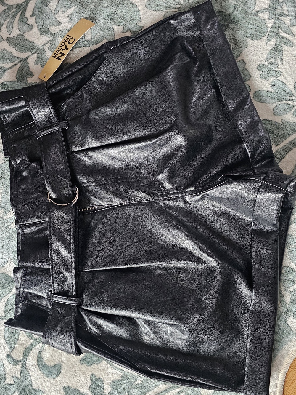 Madden NYC Black High-Waist Faux Leather Shorts with Belt